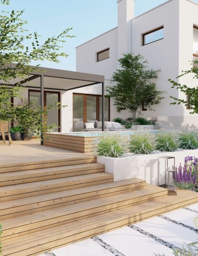 3D návrh záhrady s bazénom, drevenou terasou a schodiskom vrátane bioklimatickej pergoly - Creanatura návrhy