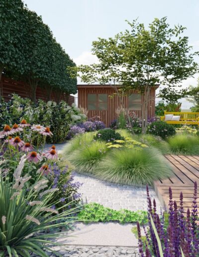 3D návrh záhrady s trvalkovými záhonmi - a záhradným domčekom a farebnou lavičkou - Creanatura návrhy