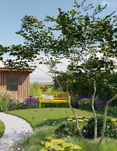 3D návrh záhrady s trvalkovými záhonmi - a záhradným domčekom a farebnou lavičkou - Creanatura návrhy