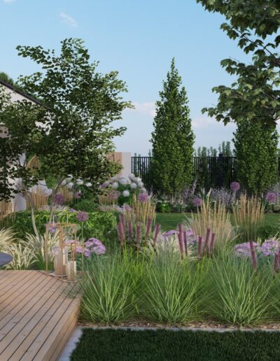 3D návrh záhrady s trvalkovými záhonmi a drevenou terasou - Creanatura návrhy