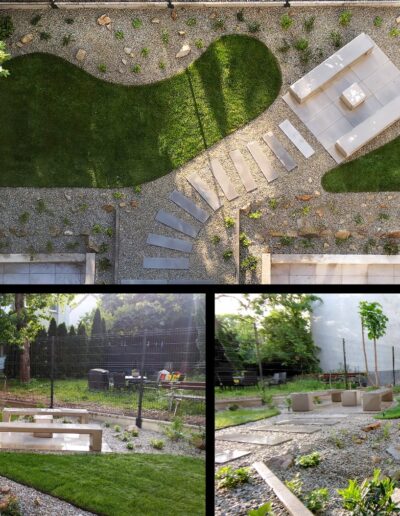 Záhrada s betónovými prvkami a záhradnou hojdačkou v Bratislave – kompletná realizácia Creanatura