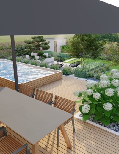 Creanatura navrh zahrady s bazenom a drevenou terasou