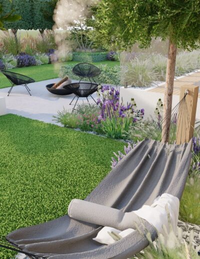 3D návrh záhrady s bazénom a ohniskom a hojdaciou sieťou - CreaNatura návrhy