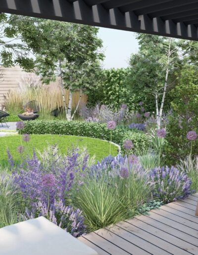 3D návrh záhrady s ohniskom, grilom, vyvýšeným záhonom a saunou - Creanatura návrhy