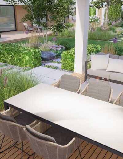 3D návrh záhrady so záhradným altánkom a drevenou terasou - Creanatura návrhy