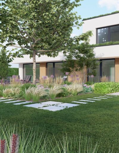 3D návrh záhrady s trvalkovými záhonmi - Creanatura návrhy