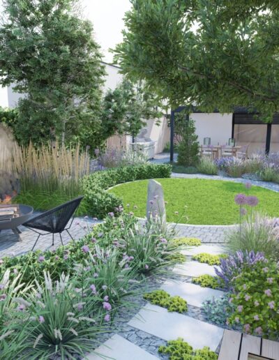 3D návrh záhrady s ohniskom, grilom, vyvýšeným záhonom - Creanatura návrh