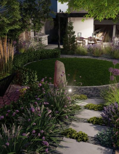 3D návrh záhrady s ohniskom, grilom, vyvýšeným záhonom a nočným osvetlením - Creanatura návrh